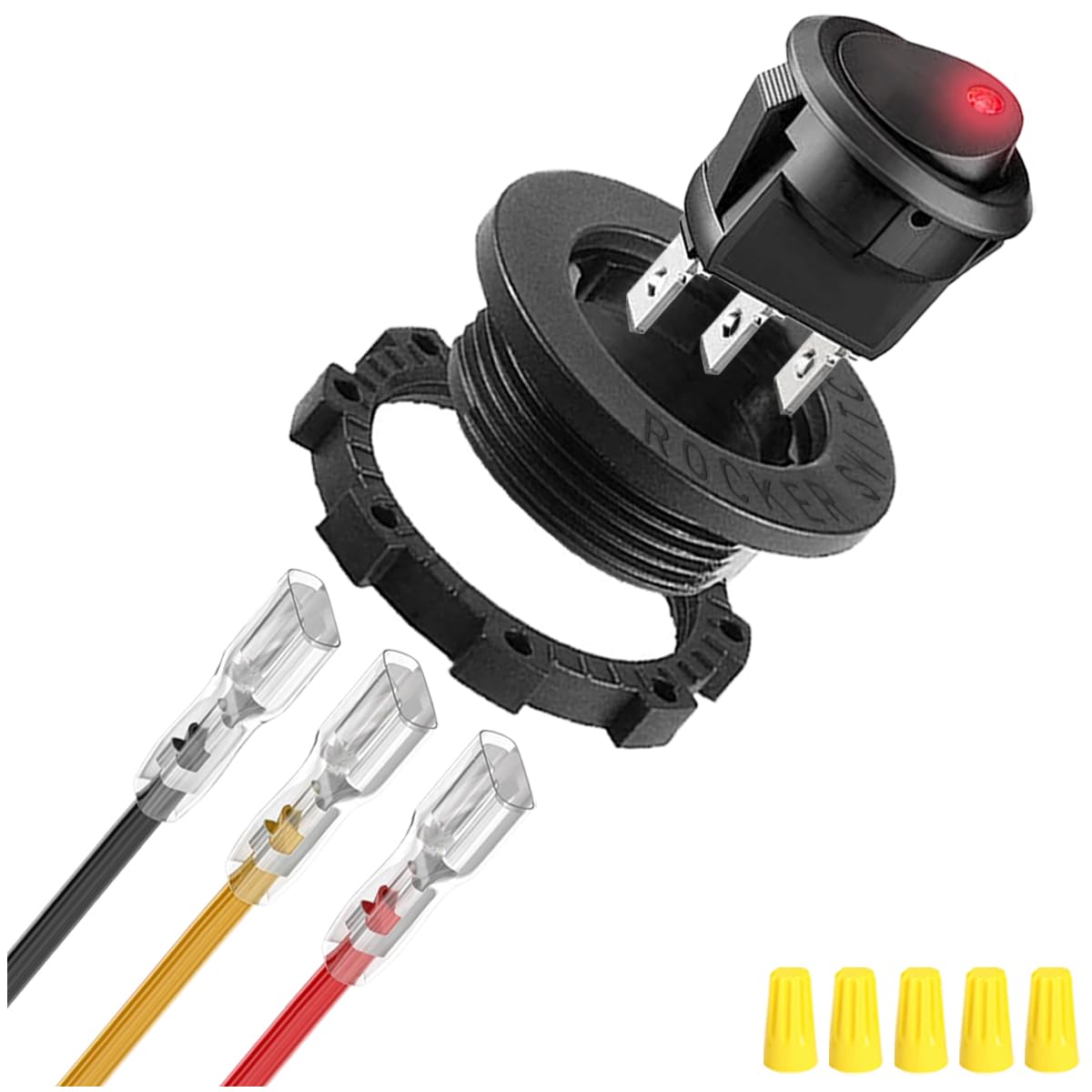 1 czerwony przełącznik kołyskowy LED DC 20A 12V/10 A 24V 3-pinowy z przewodem LED SPST Podświetlany przełącznik kołyskowy z zablokowanymi przewodami zacisków do samochodu