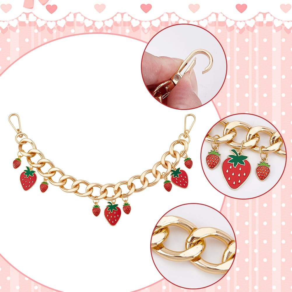 Beebeecraft 1 Box 2Pcs Strawberry Purse Extender Chain Bag Charm Chain Strap Red Enamel Fruit Light Gold Decorative Aluminum Straps for Bags Purse Keychains Charms Jewelry DIY Making Crafting