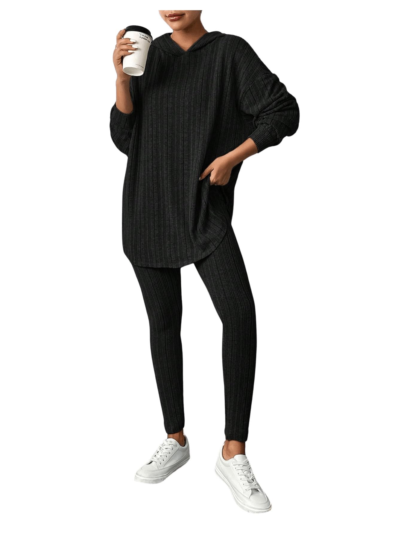 SweatyRocks Damski dwuczęściowy dres do joggingu, z dzianiny żeberkowej, z długim rękawem, bluza z kapturem, spodnie z dzianiny, zestaw do noszenia na co dzień