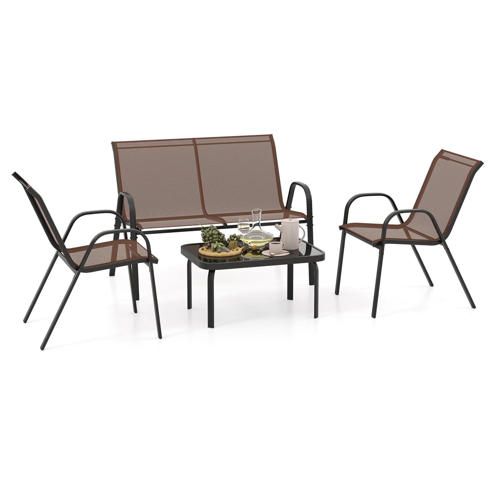 COSTWAY Conjunto Jardin Exterior de 4 Piezas, Mesa de Café de Cristal Templado, Banco y 2 Sillas Individuales, Tela Textilene, Mesa y Sillas, Muebles Jardin Terraza Balcon Exterior (marrón)