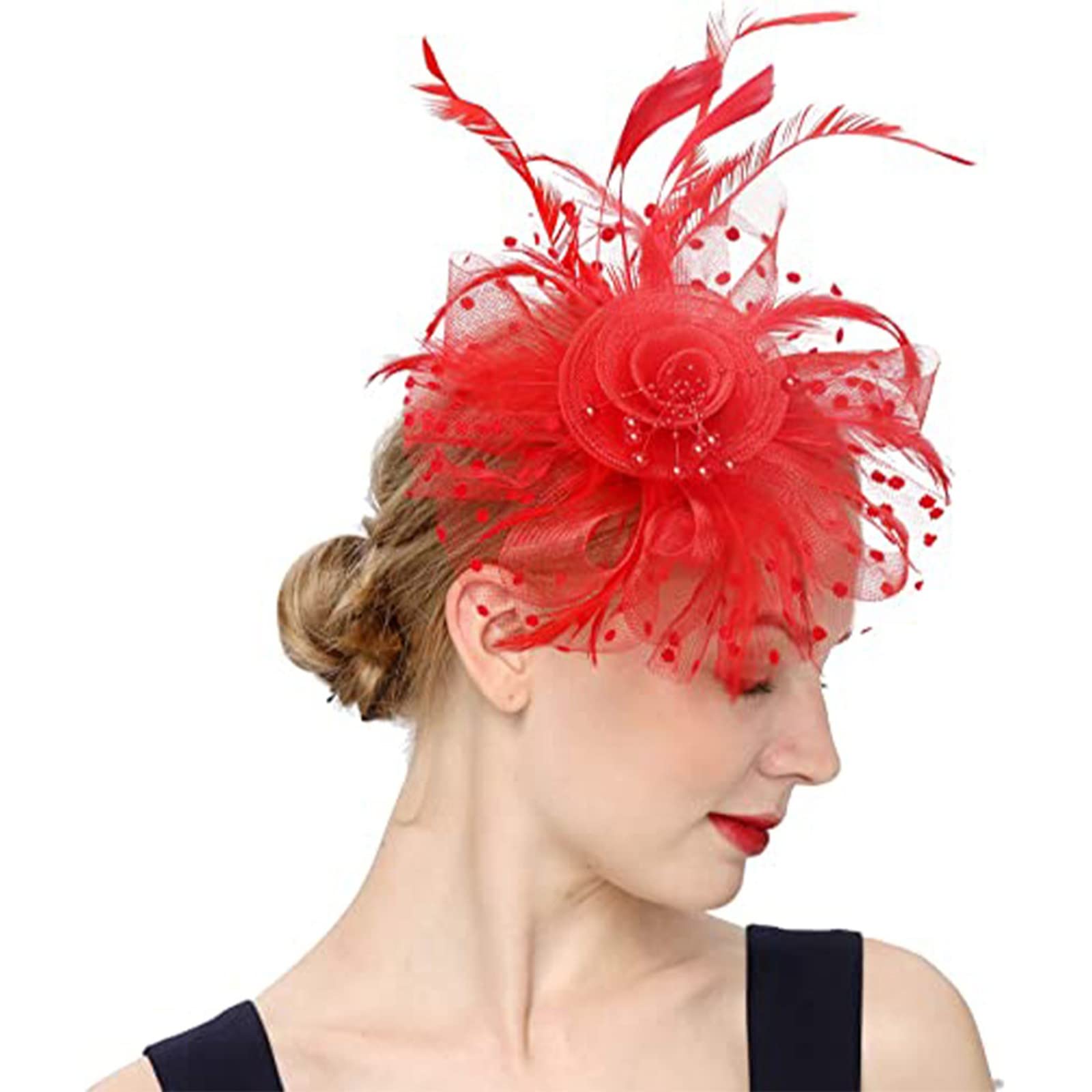 Red Floral Feather Cocktail Fascinator Hat Fascinator Headband Puffy Headband Red Flower Feather  main image 3