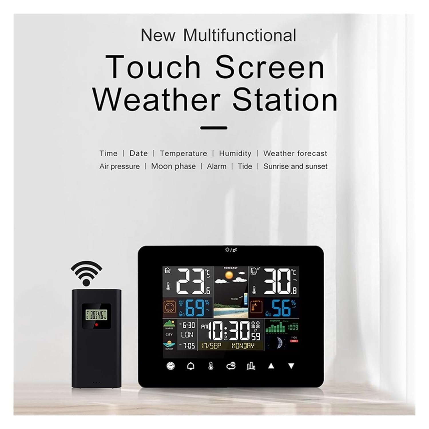 Estación meteorológica Digital doméstica con termómetro para Interiores y Exteriores, Sensor inalámbrico, Pantalla LCD, Despertador y pronóstico. Fácil de Usar.