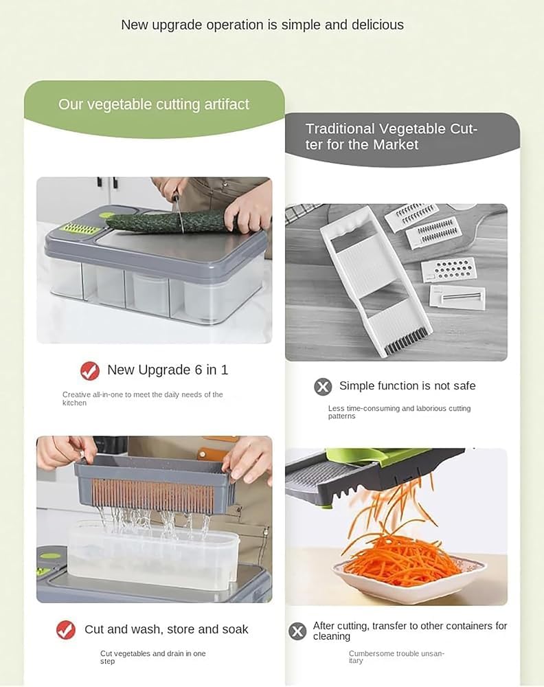 Hachoir à légumes 12 en 1 avec planche à découper et 4 récipients – Ensemble de mandoline 28 pièces, station de préparation intégrée avec panier égouttoir