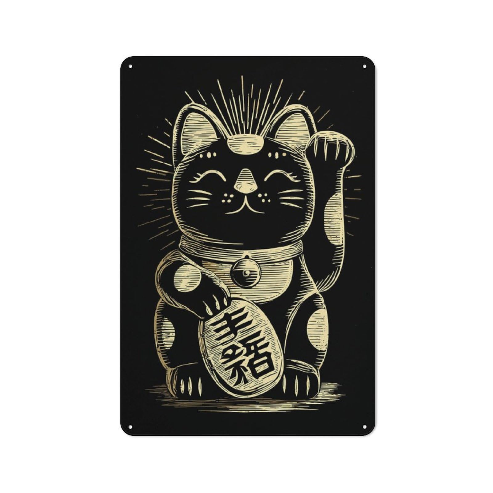 Junmoney Golden Maneki Neko Illustration Retro Tin Sign 30X20cm For Living Room Or Hallway, Gift For Living Room Decor Lovers During The Christmas Season