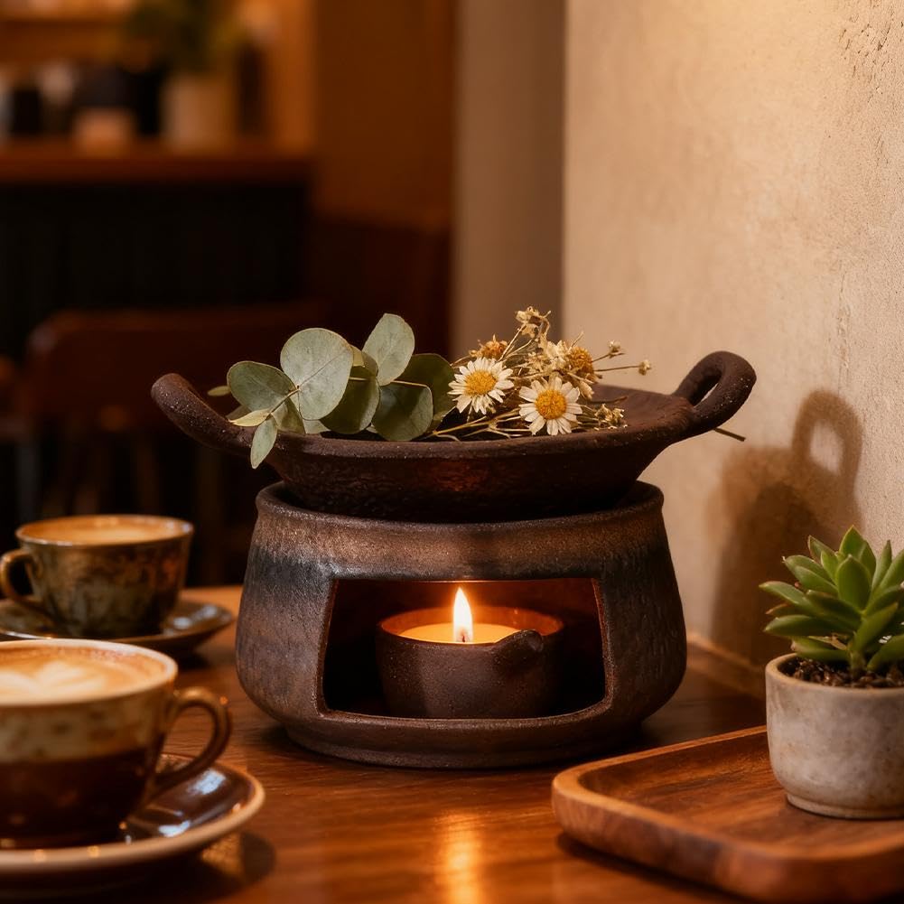 Ceramiczna kuchenka do aromaterapii, palnik olejków eterycznych, ręcznie wykonany ceramiczny podgrzewacz do świec, z uchwytem na podgrzewacz, zestaw do aromaterapii cedrowej i zen, do spokojnej