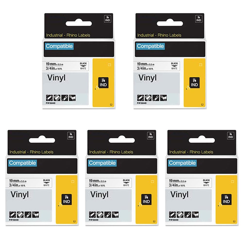 Paquete de 5 cintas de vinilo permanentes DYMO Rhino 18445 de 3/4 pulgadas, compatibles con DYMO Rhino 5200 4200 5000 6000 rotuladores industriales, color negro sobre blanco, 19 mm x 5,5 m