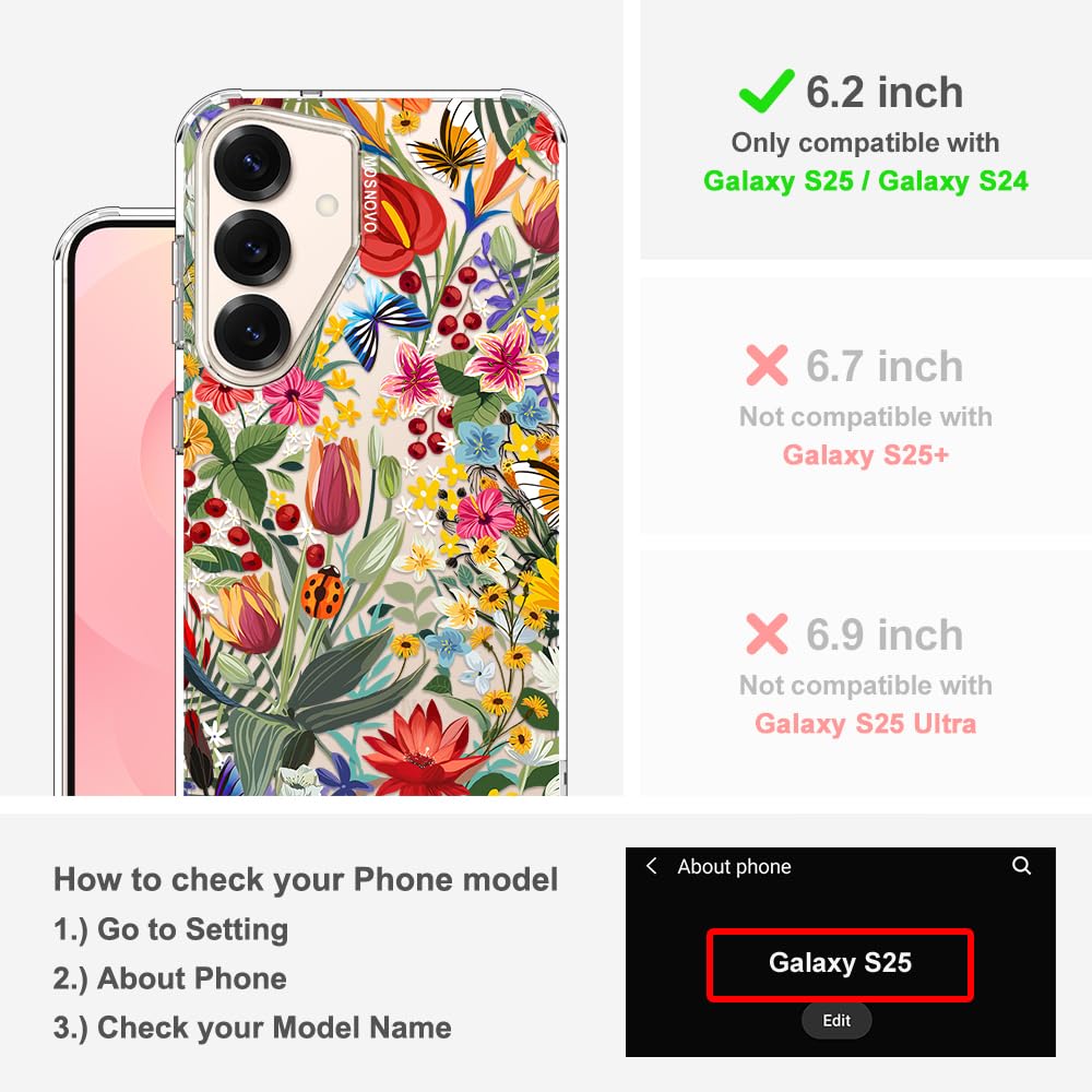 MOSNOVO Case for Samsung Galaxy S25 / Galaxy S24, [Buffertech 6.6ft Military-Grade Drop Protection] [Anti Peel Off Tech] Clear TPU Bumper Phone Case Cover Design - In The Garden - 3