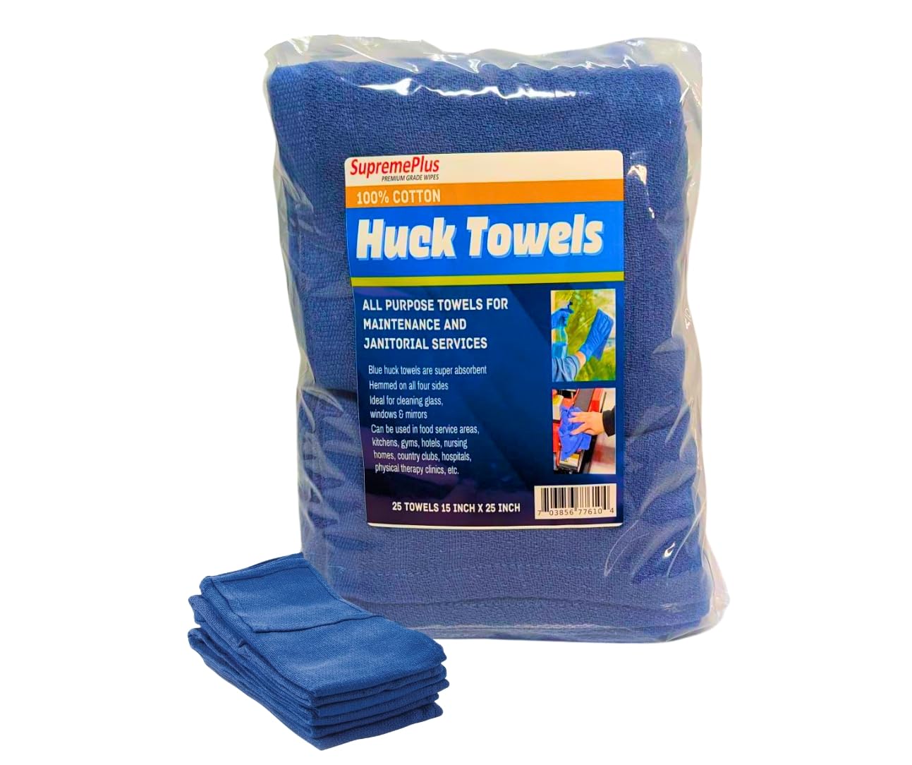 Blue Huck Towels - (Pack of 25) Shop Bulk Cleaning Towel, Multipurpose for Window, Glass, Mechanic, Garage & Commercial, 100% Cotton Pre-Washed Absorbent Cloths, 15”x 25” Size