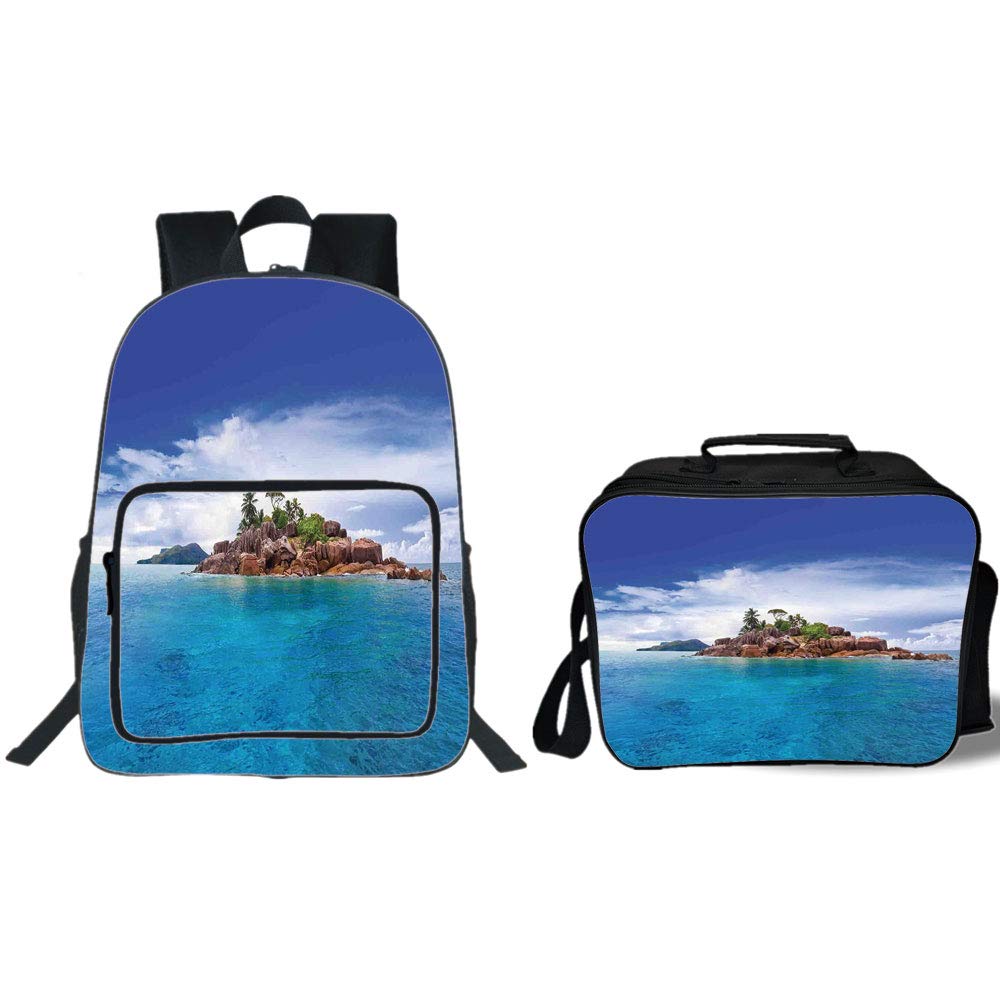 19" School Backpack & Lunch Bag Bundle,Island,Island at Seychelles Coconut Journey Jungle Rocky Coast Waves Surface Print,Blue Caramel Green,for Boys Girls