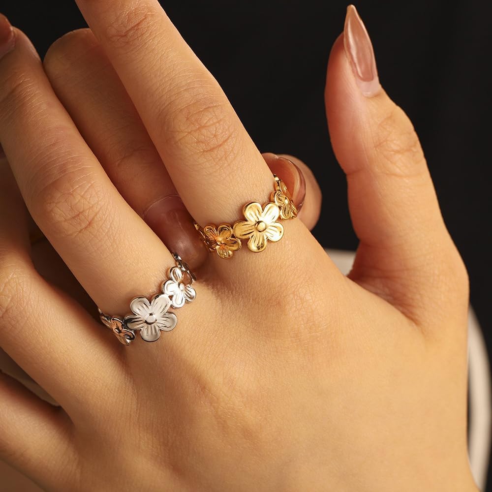 OIDIMS Dainty Flower Ring for Women Daisy Adjustable Open Stackable Statement Floral Engagement Wedding Promise Ring Eternity Wrap Finger Band Delicate Chic Jewelry for Valentine Mother Dating - Image 2