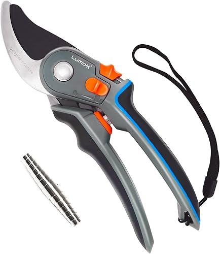 Lumo-X Tijeras de poda de derivación de alta calidad de 9 pulgadas, tijeras de jardinería de rango de corte ajustable con 1 resorte voluto, bloqueo