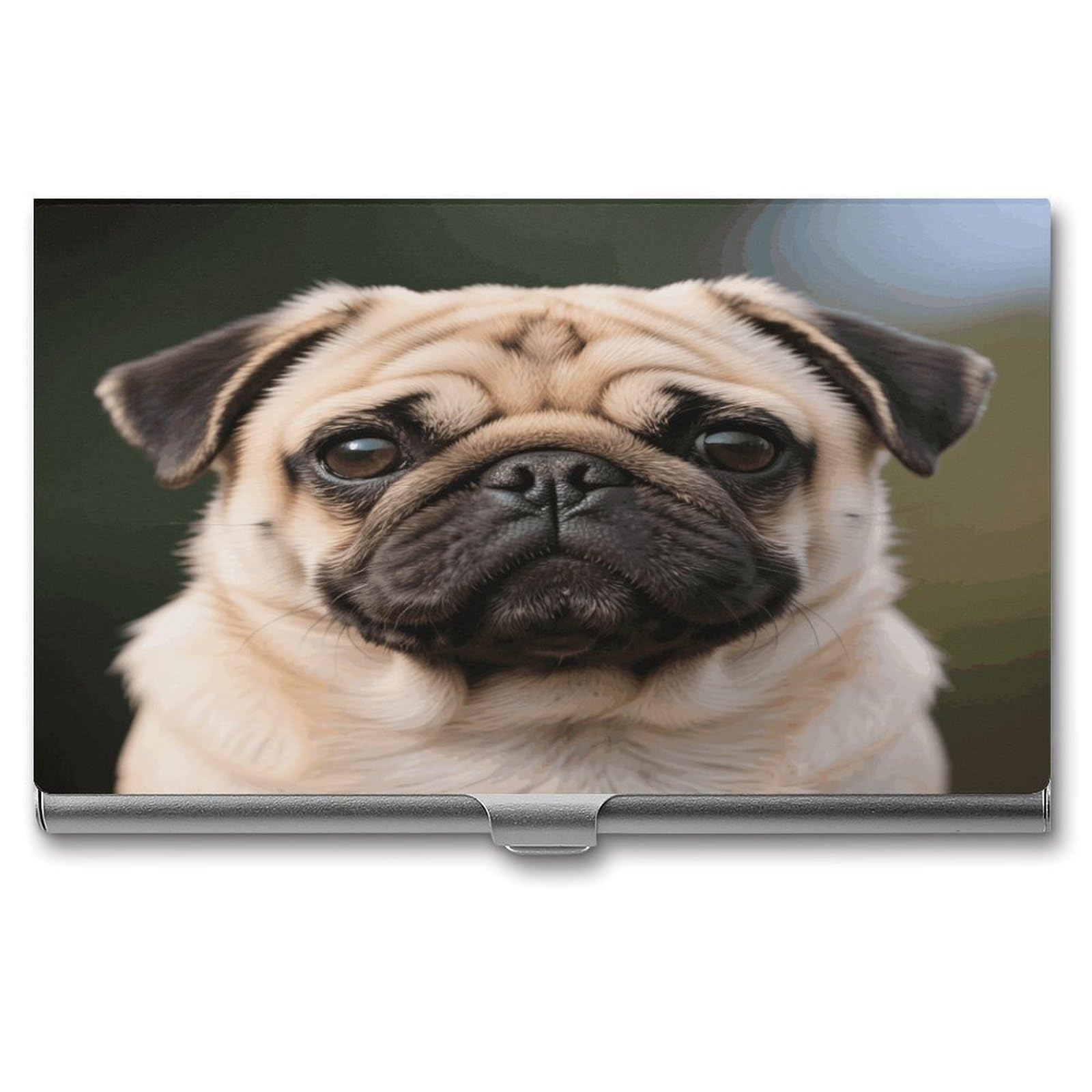 LZQPOEAS Cute Pug Business Card Holder Aluminum Alloy Flip Cover Slim Name Cards Case Lightweight Business Name Card Holder Case Portable Purse Name Cards Holder