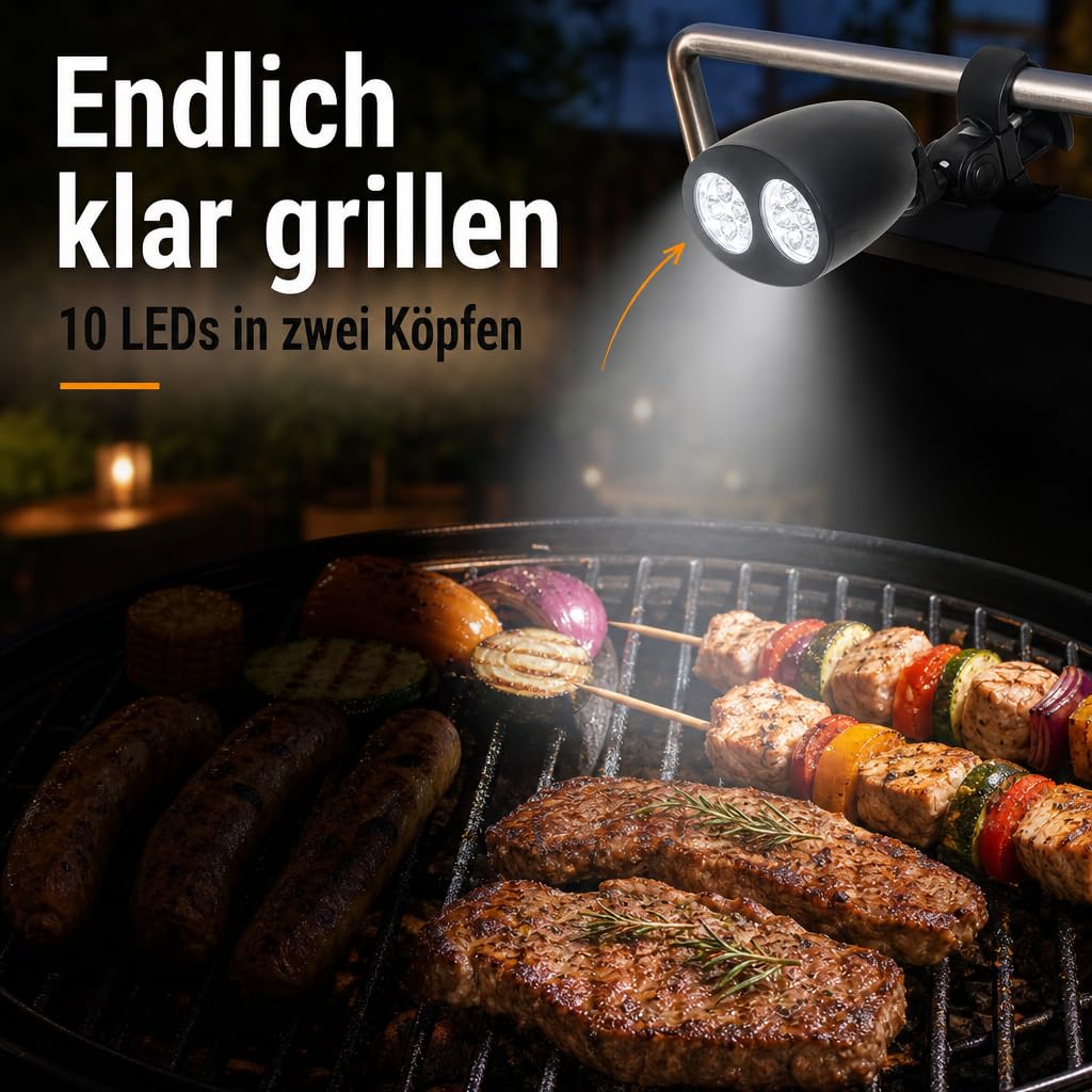 MIJOMA Robuste Grilllampe mit 10 Superhellen LEDs, 180° Flexibler Schwenkmechanismus, Praktische Touch-Schalter Funktion, einfache Anbringung dank C-Klemme - Das zweckmäßige Outdoor Grillzubehör