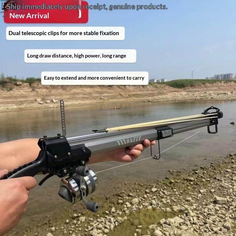 Foldable Fishing Slingshot with Laser High Precision Gun-Type Reel Fish Dart Launcher Fish Shooter Slingshot Fishing Tool, Aluminum Alloy, Extendable, with Laser Sight, Spool, 3-Point