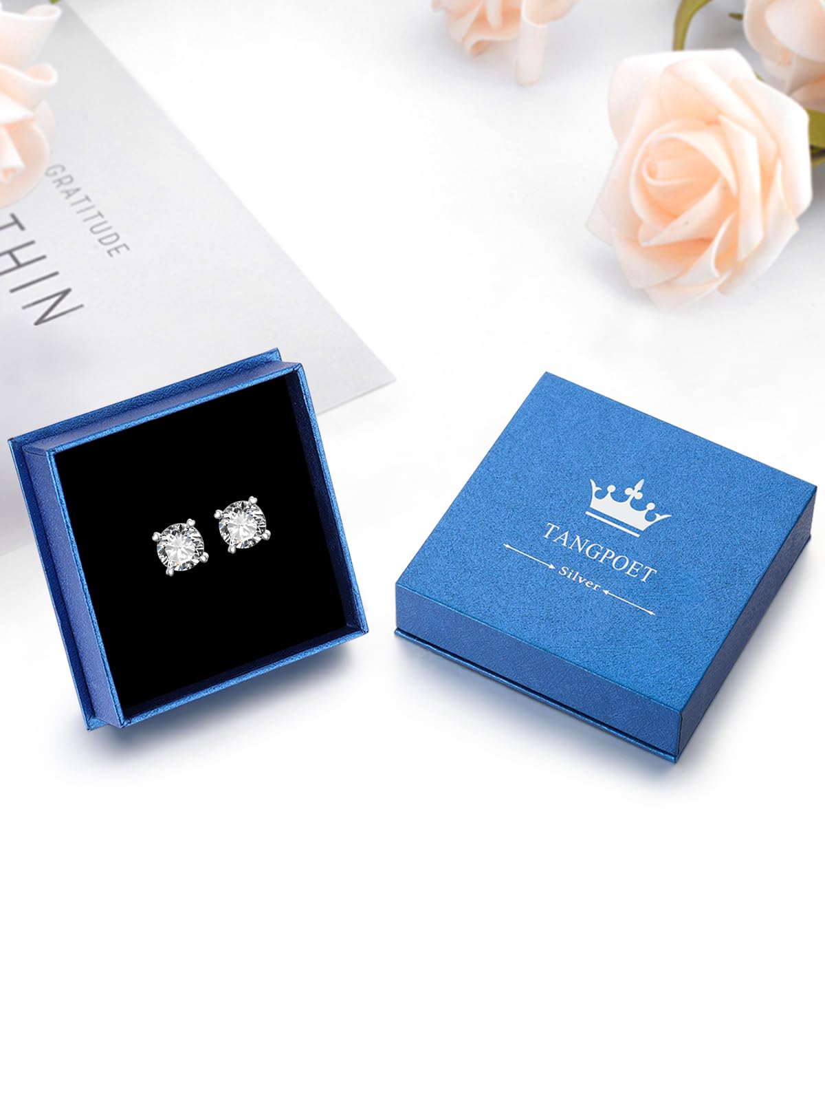 TANGPOET Pendientes de circonita para mujer, de 7 mm, de plata de ley 925, con rosca trasera, brillantes, hipoalergénicos, chapados en oro blanco, regalos para ella, Plata, Circonia cúbica