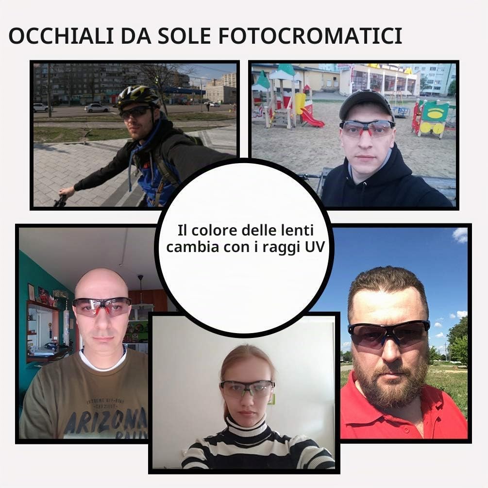 ROCKBROS Occhiali Ciclismo Fotocromatici da Sole Uomo Donna, Occhiali MTB Lenti Fotocromatiche per Bici Bicicletta, Protezione UV 400 per Sport all'Aria Aperta
