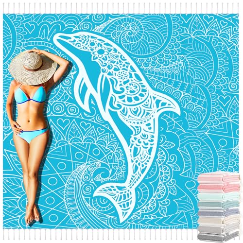 Image of Oversized Turkish Beach Towel Blanket Cotton Giant XL Sandproof Towels Huge Linen XXL Extra Large Big Throw Quilt Blankets for Adults Cloud Travel Camping Glamping Accessories Essentials Dolphin