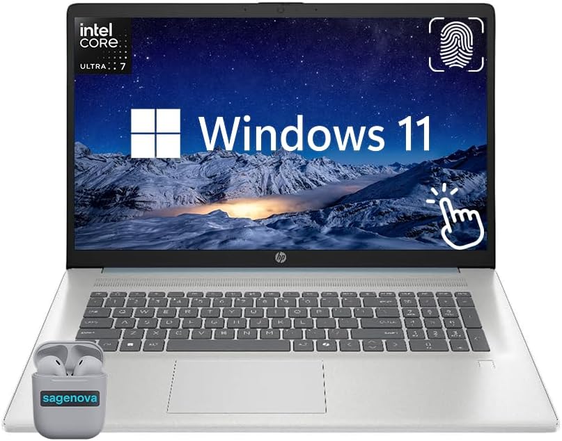 HP 17.3" Touchscreen Business Laptop Computer, 16GB RAM 256GB SSD, 12-Core Intel Core Ultra 7 255U, Windows 11, Fingerprint Reader, Backlit Keyboard, SageNova Earphones, Moonlight Blue