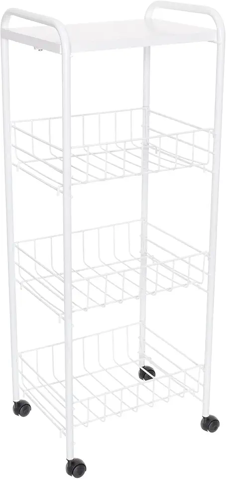 Fruteira de Chão 3 Cestos com Tampo de Madeira e Rodas, Cor Branco, Metaltru