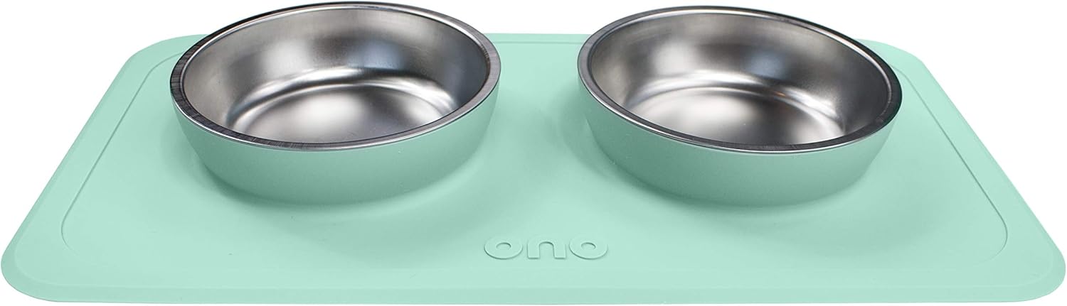 Ono Good Bowl Food & Water Double Feeder - Small to Medium Pets No Spill Non Skid Silicone Mat & Stainless Steel Bowls for Dogs or Cats (Mint)