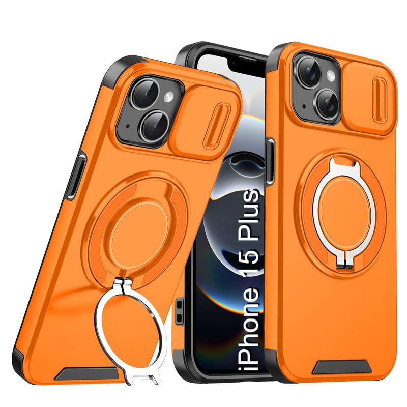 Image of LuxuryKase Shockproof Rugged Case for iPhone 15 Plus | Slide Camera Cover | 360 Rotating Ring Kickstand | Military-Grade Protection - Sunset Orange