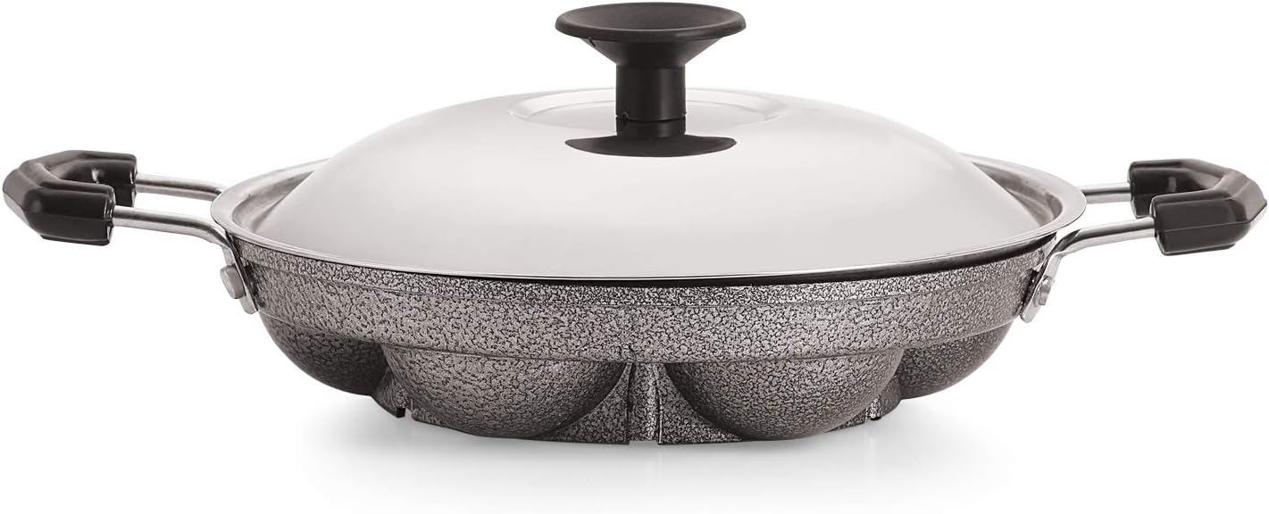 iVBOX Non Stick Small 7 Cavity Appam Patra Side Handle Appam Maker with Steel Lid, Hammer-Tone Coating