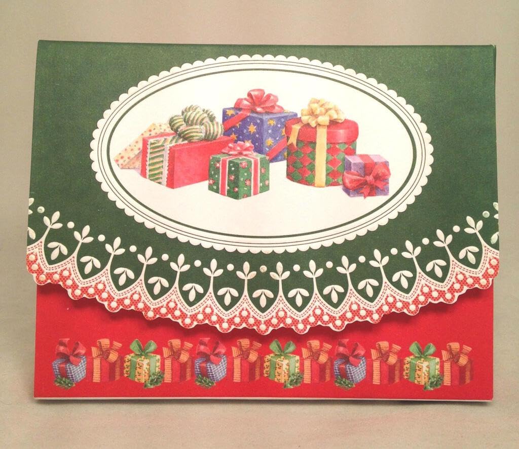 Set of 3 - Christmas Holiday Present Gift Stack Portfolio Boxed Note Cards by Carol Wilson. 10 embossed 4x5 Die-Cut Notecards and Matching Envelopes in Decorative Gift Box with Velcro Flap. NCPX2345