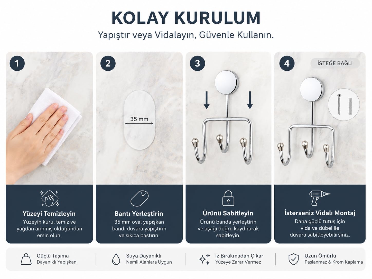 Alper Banyo İris Krom Kaplama Üçlü Askılık, Yapışkanlı ve Vidalı Montajlı Duvar Askısı, 35 mm Oval Bantlı Banyo Mutfak Antre Askısı