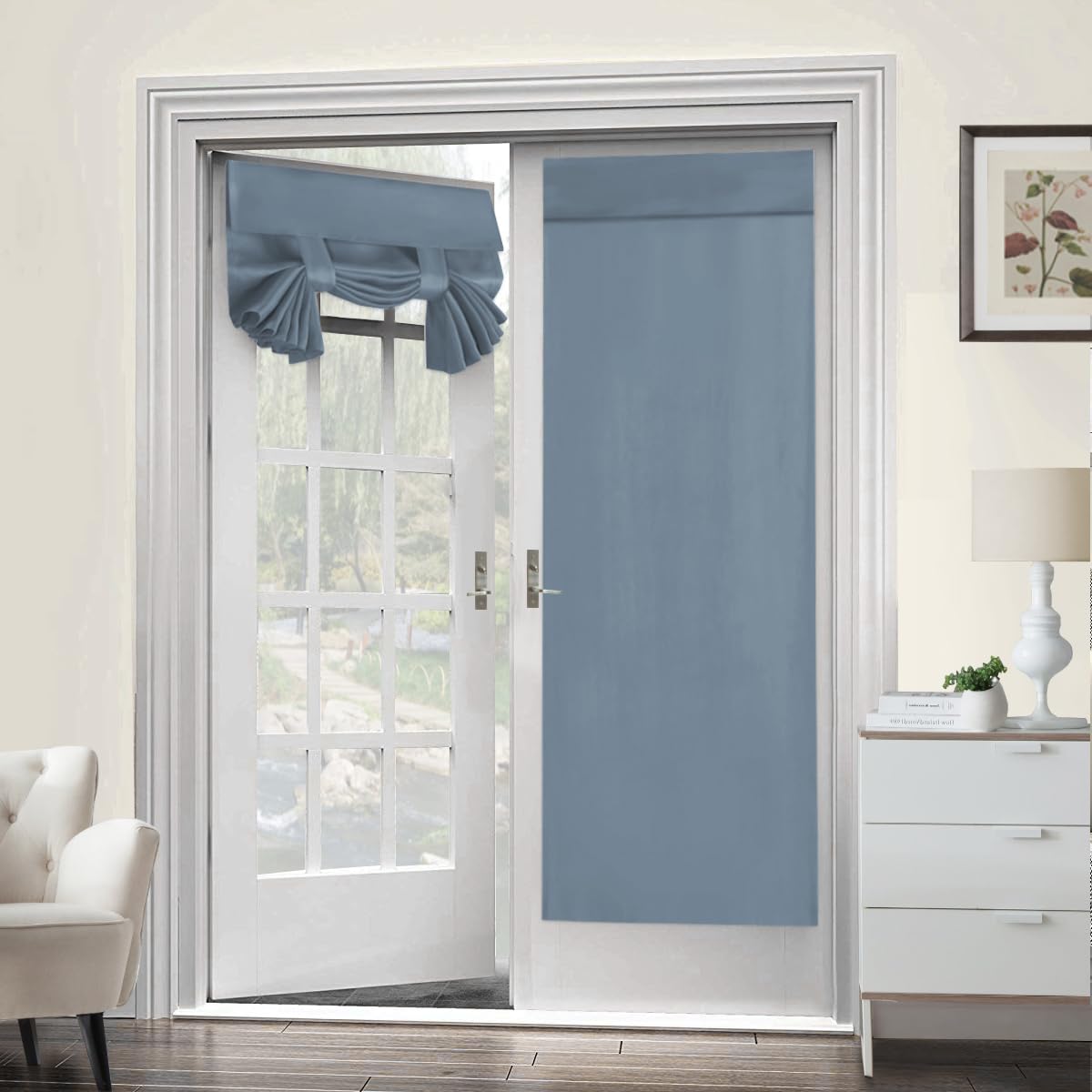 GAMUKAI Blackout Door Curtain W26 x L69 inch Privacy Thermal Insulated Tricia Door Window Curtains for Patio French Door Front Door Sidelight Curtain Tie up Shade (1, Stone Blue)