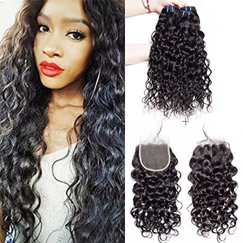 Maxine Brazilian Water Wave 3 Bundles with Closure Unprocessed Virgin Hair with 4"4" Lace Closure Free Part Natural Color 10 12 14+10inch