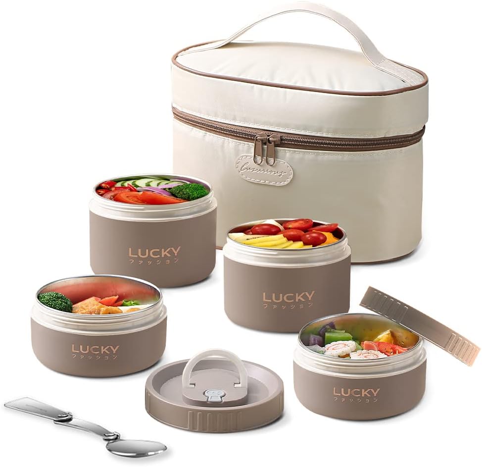 ArderLive Portable Insulated Lunch Container, Stackable Thermal Lunch Bento Box Set for Adult Unisex, Khaki 4Pcs 68oz