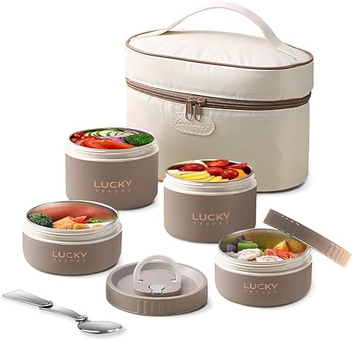 Miniatura 8 de ArderLive Contenedor de almuerzo aislado portátil, juego de lonchera térmica apilable para niños y adultos, unisex, color caqui, 2 piezas, 34 onzas