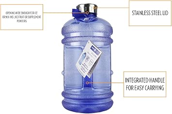 New Wave Enviro Iconic 2.2 Liter BPA Free Water Bottle with Stainless Steel Cap, Integrated Handle for Easy Carrying, Gym and Lifestyle Bottle, 2.2 Liter Capacity, Blue