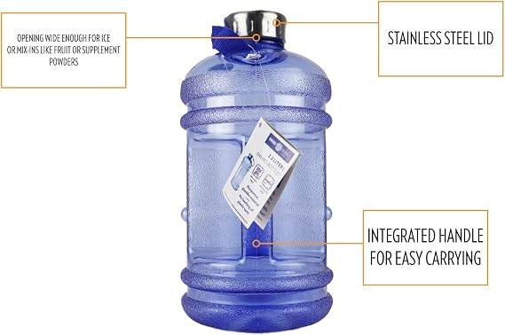 New Wave Enviro Iconic 2.2 Liter BPA Free Water Bottle with Stainless Steel Cap, Integrated Handle for Easy Carrying, Gym and Lifestyle Bottle, 2.2 Liter Capacity, Blue