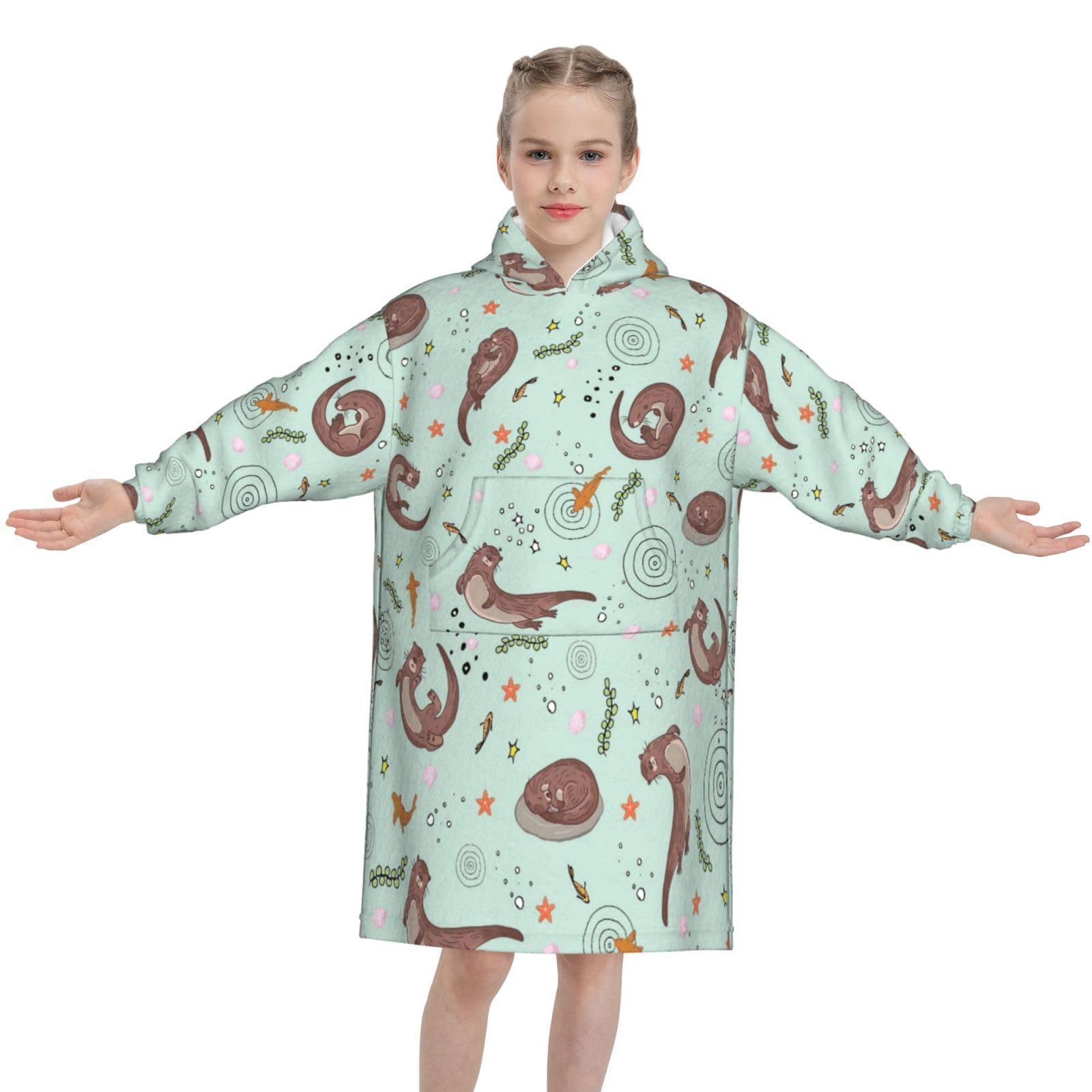 Sea Otter Green Wearable Blanket Hoodie for Kids, Oversized Flannel Fleece Sweatshirt, Cozy Blanket Hoodie with Pocket, Gift for Girls Boys Teens
