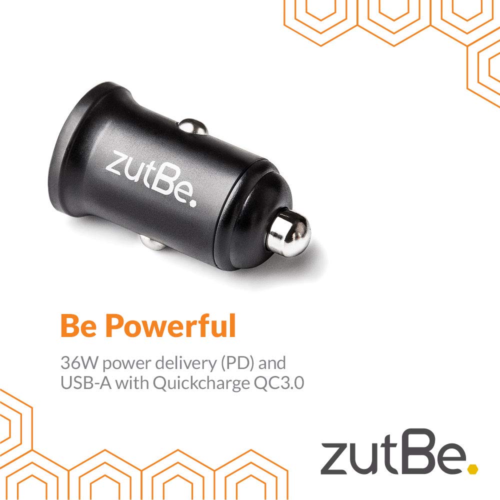 zutBe USB-C PD and USB-A QC 3.0, 36W Compact Metal Fast Car Charger for iPhone 15 14 13 12 11 X iPad Pro Pixel Samsung Galaxy S20/S10 and More [Be Charitable, Powerful, Safe, Compatible, Confident]