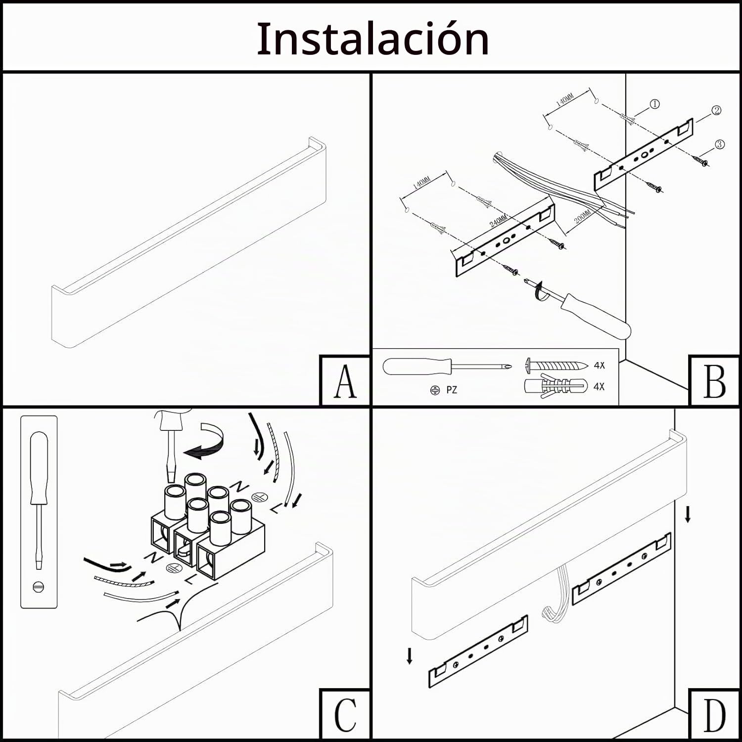 K-Bright 35W Aplique Pared Interior LED, lámpara de pared moderna de 110 cm para el dormitorio, sala de estar, IP44,4000K, arriba y abajo de iluminación, Negro