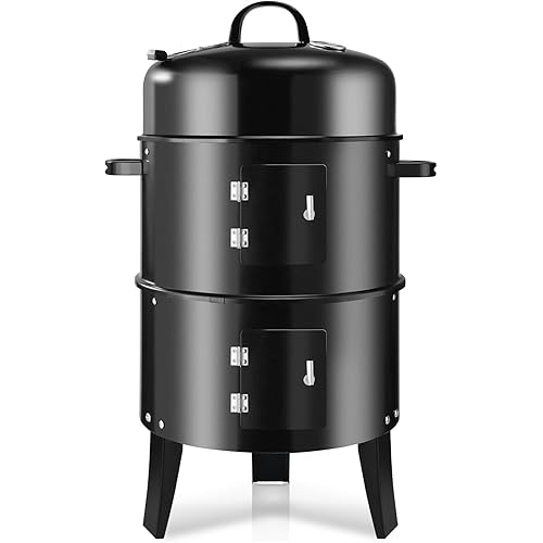 T001-2 19-inch BBQ Charcoal Smoker, Heavy Duty Round Smoking-Vertical Multi-Layer Pellet Smoker for Meats-Offset Charcoal Grill with Thermometer & S-Shaped Hook,Black
