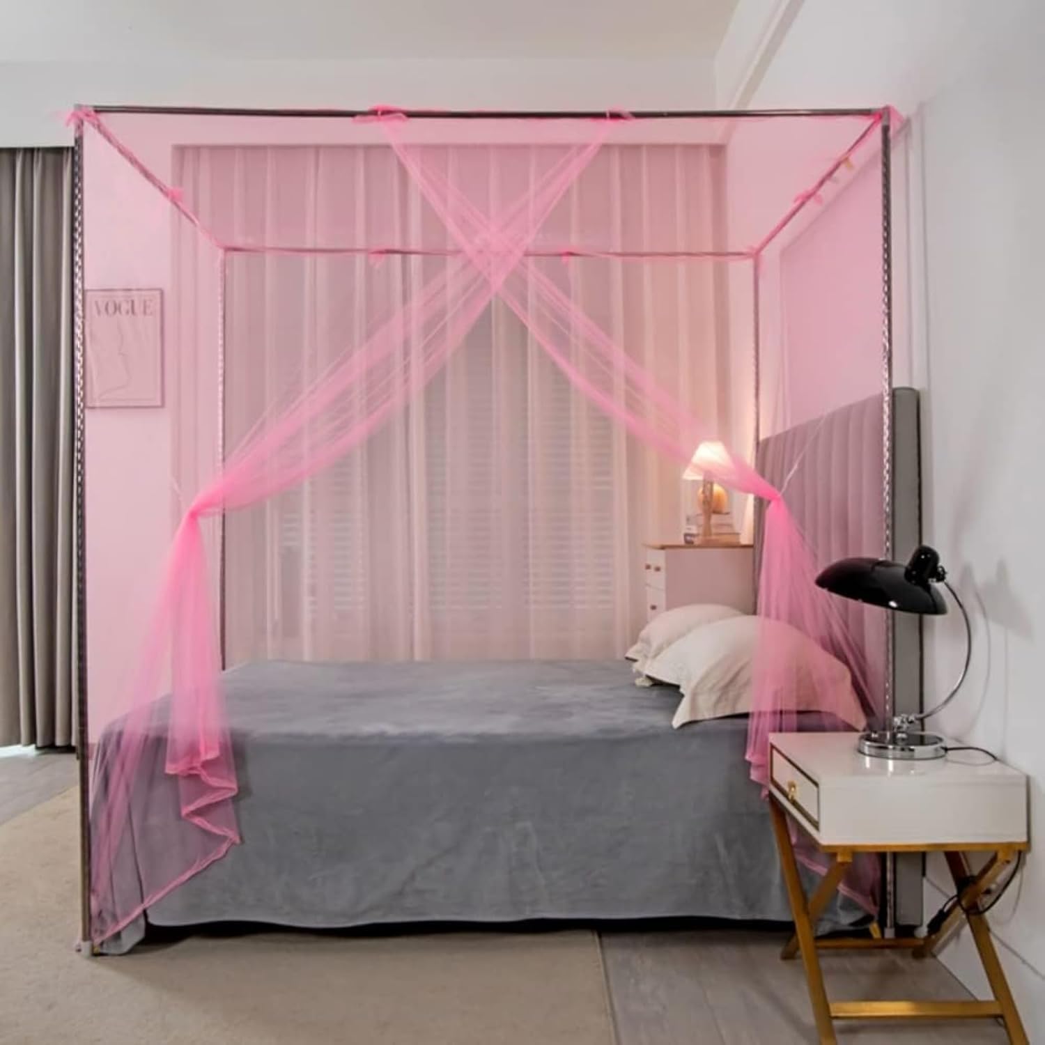 Mosquito Mesh Net Full Sizes - Four Corner Post Curtains Princess Lace Square Bed Canopy Netting Decorative Rectangular Shape Screen Tent for Home Bedroom Camping Garden Outdoor (120x190x145cm,Pink)