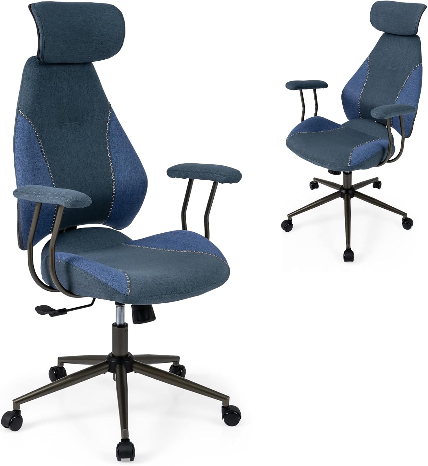 Giantex Ergonomic Office Chair, Mid Century Modern Fabric Computer Desk Chair with 2D Headrest, Rocking Backrest & Wheels, Vintage High Back Rolling Chair for Executive, Blue