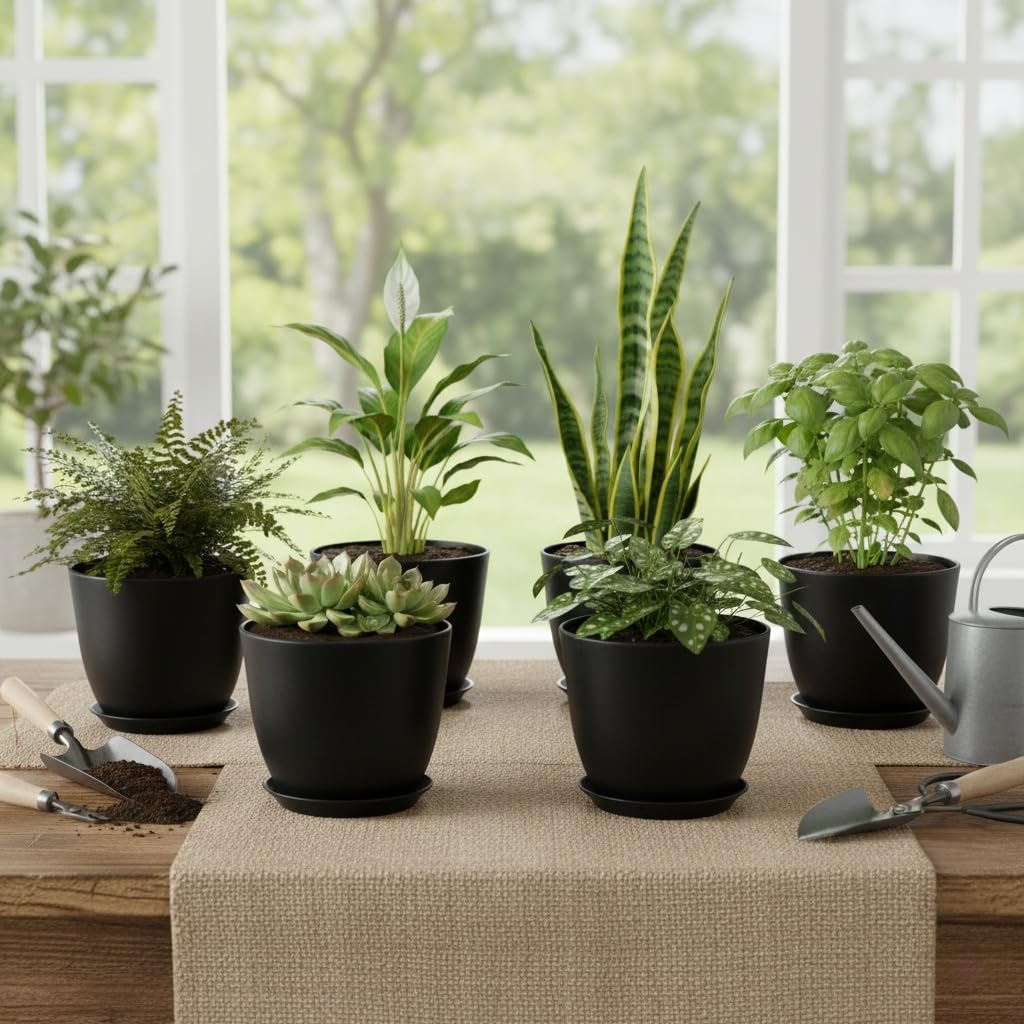 Vanslogreen Plant Pots 8 Inch Set of 6, Flower Pots with Drainage Holes and Saucer, Plastic Garden Planters for Indoor & Outdoor Plants (Black)