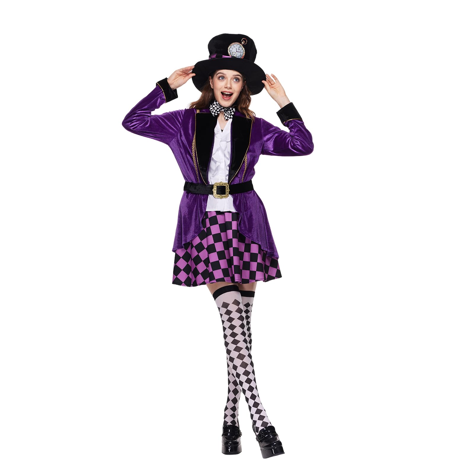 EraSpooky Adult Women Hatter Costume Mad Tea Party Purple Halloween Fancy Dress 6 Pc Set including Accessories Size S - Image 3