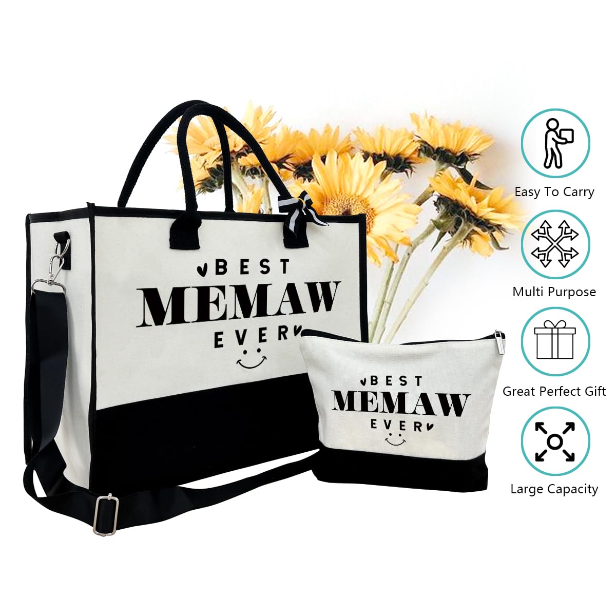 Beach & Outing Tote Bag for Memaw - Canvas with Inner Pocket & Make Up Bag - Mother's Day & Birthday Gift