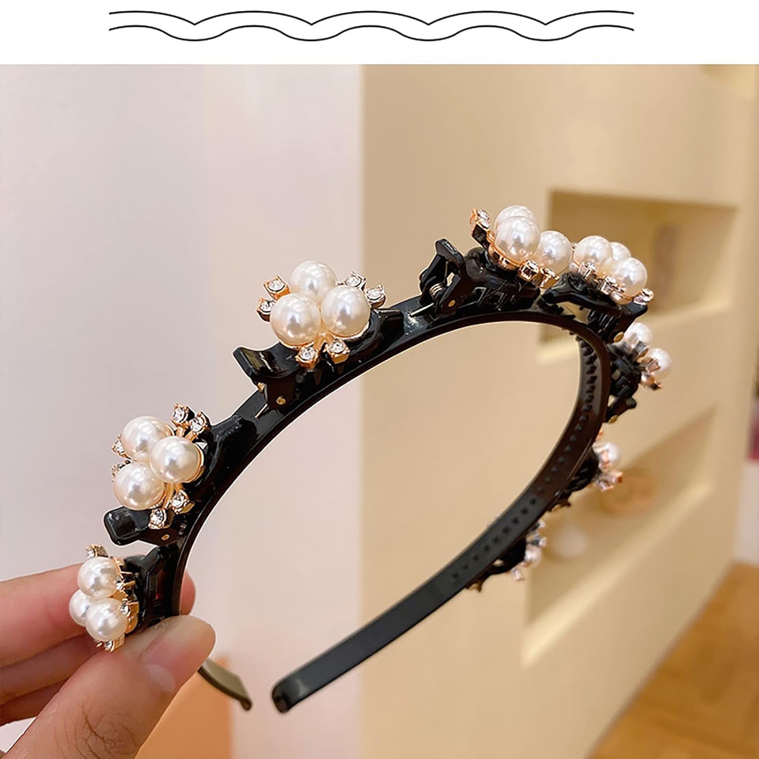 AVORABLE SILVER Stylish Braided Double Layer Twist Plait Plastic Headband with Elegant Flower Alligator Clips Chic Pearls and Rhinestones Hair Accessories For Women Girls (Pack of 1)-image-19