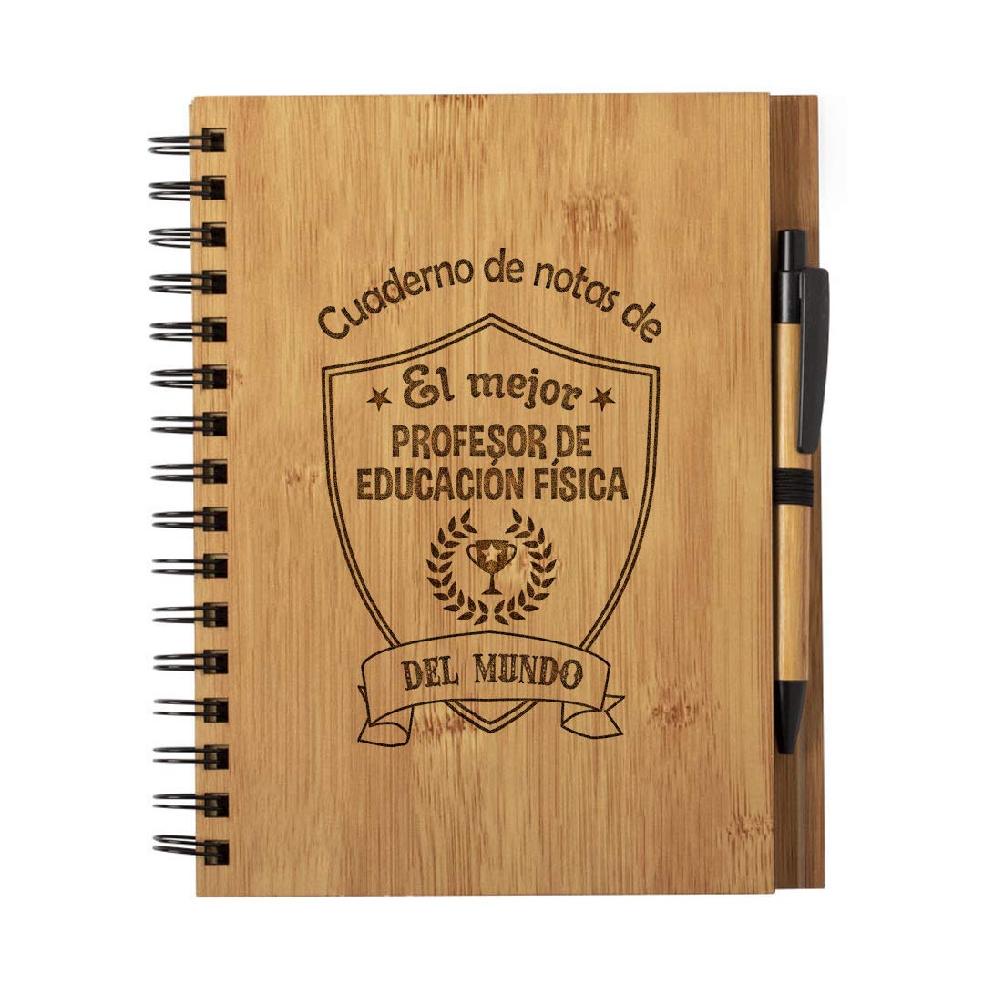 Planetacase - Cuaderno El Mejor profesor de educacion fisica del Mundo - Libreta de Madera Natural Tamaño A5 con Boligrafo - Regalo para Profesor gimnasia