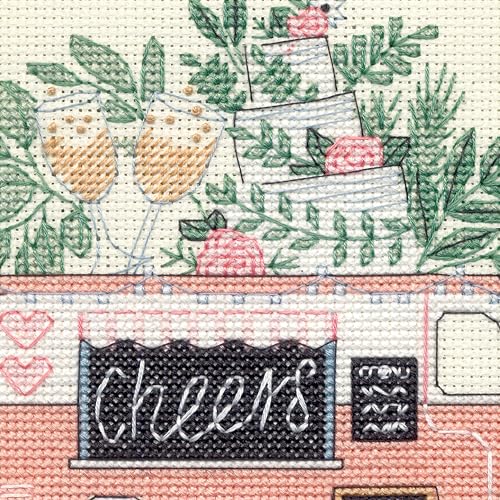 Image of Dimensions 70-65233 Wedding Cheers Counted Cross Stitch Kit for Beginners, 6 inch x 6 inch, 14 Cnt. Ivory Aida, 4 Pieces
