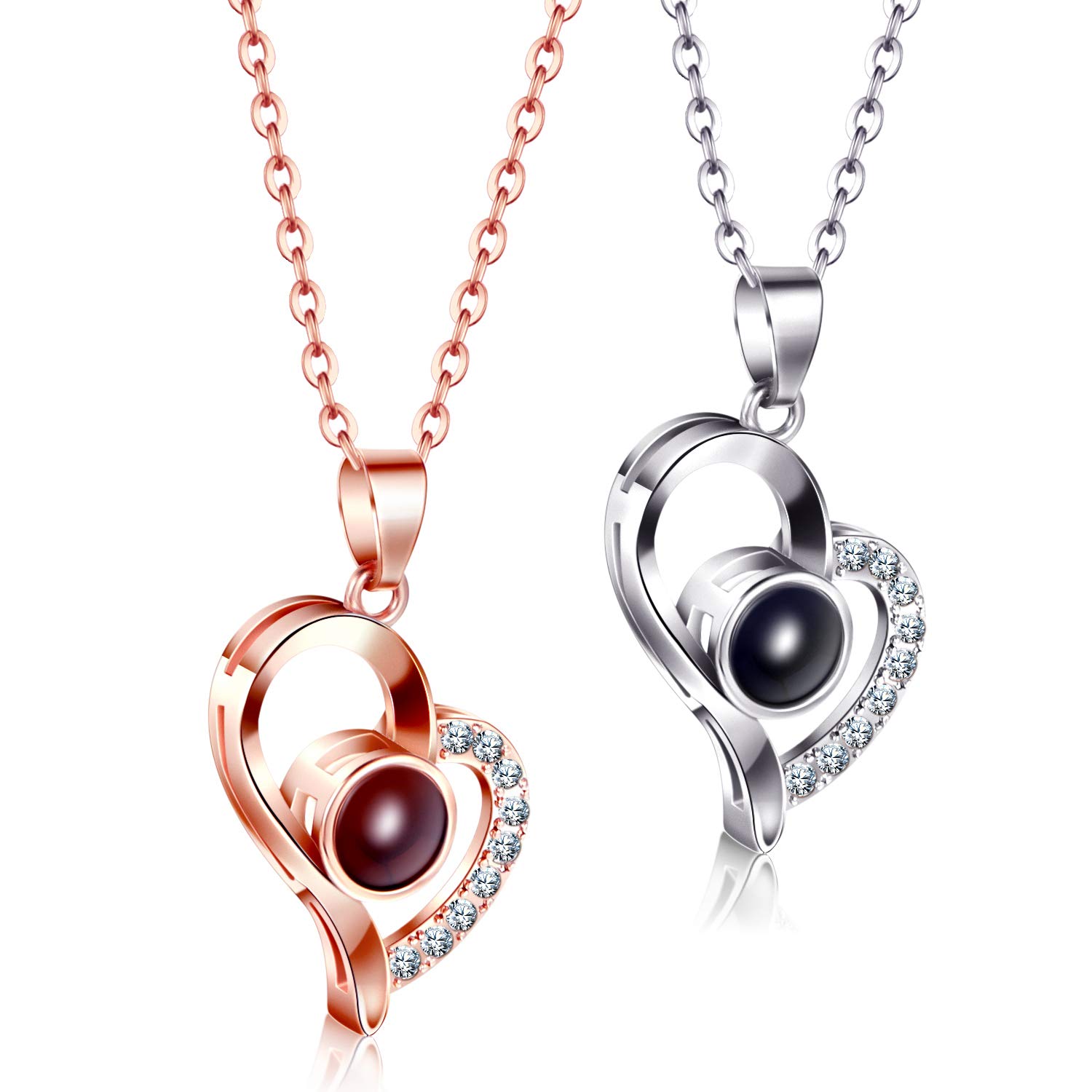 Hicarer2 Piezas Collares de Memoria de Amor Collares de Clavícula Collar de Colgantes de Proyección en 100 Idiomas I Love You con una Exquisita Caja de Regalo para Mujeres Niñas (Estilo del Corazón)