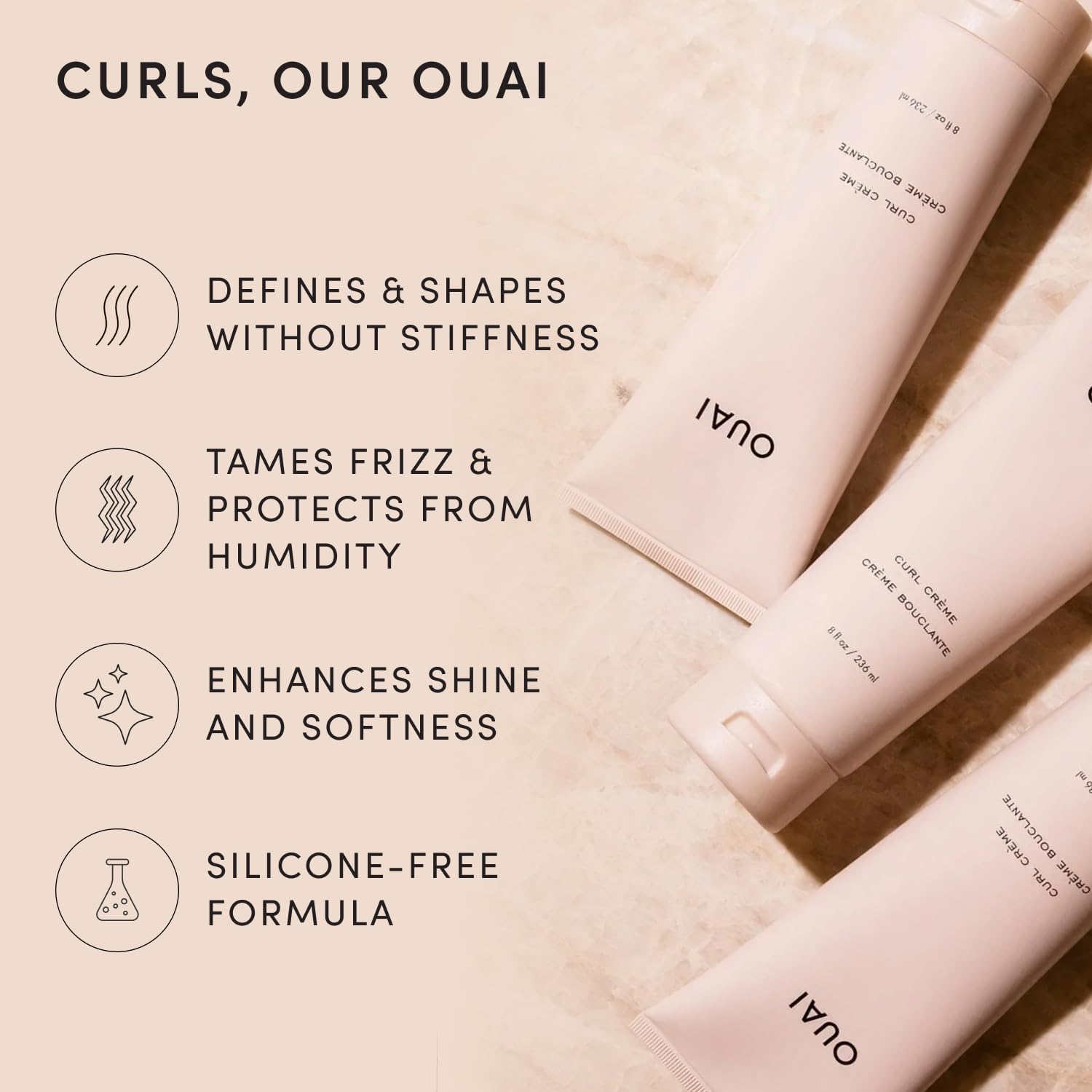 OUAI Curl Cream - Crema definidora de rizos para rizos hidratados y brillantes - Babassu y aceite de coco, aceite de linaza y semillas de chía - Productos para el cabello rizado sin parabenos
