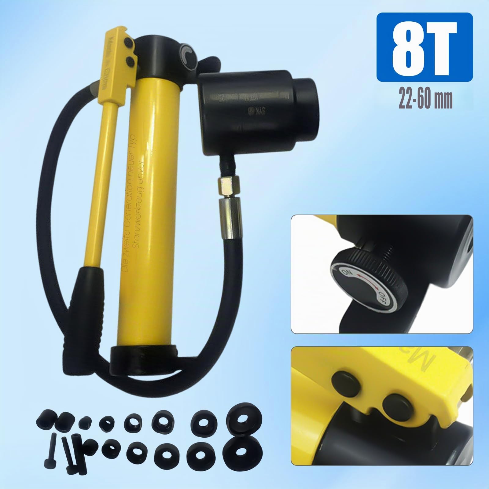 Hydraulischer Blechlocher Punch SYK-8B aus Stahl | Manuelle 8T Metalllochstanze | 6 Stanzmatrizen | Werkzeugkiste inklusive | Für Eisen- und Edelstahlbleche bis 3mm