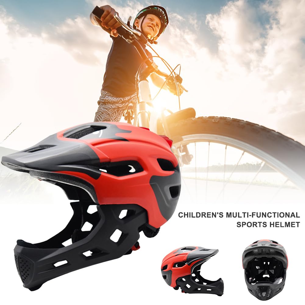 Casco Integral para niños y jóvenes, Casco con Protector de Barbilla Desmontable, Casco de Descenso, tamaño de la Circunferencia de la Cabeza: 50–56 cm, Rojo, para Ciclismo, Bicicleta de